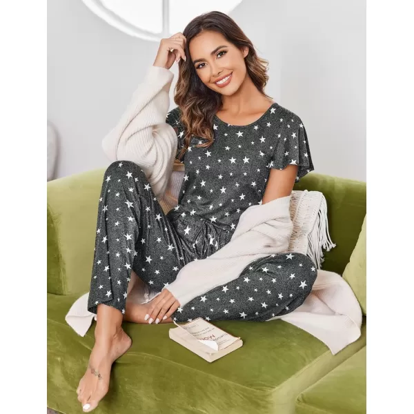 Ekouaer 2 Pack Womens Pajama Sets Short Sleeve with Long Pajama Pant Set Soft Sleepwear Printed Pj Lounge Set with PocketsGray Star  Pink Star