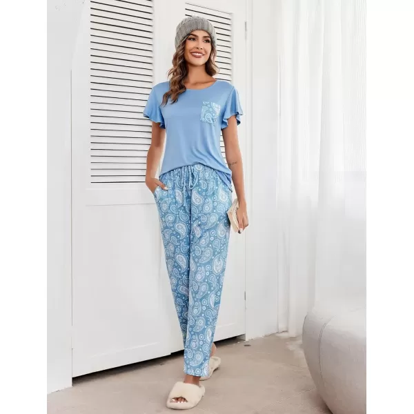 Ekouaer 2 Pack Womens Pajama Sets Short Sleeve with Long Pajama Pant Set Soft Sleepwear Printed Pj Lounge Set with PocketsLight Blue Floralpink Fruit