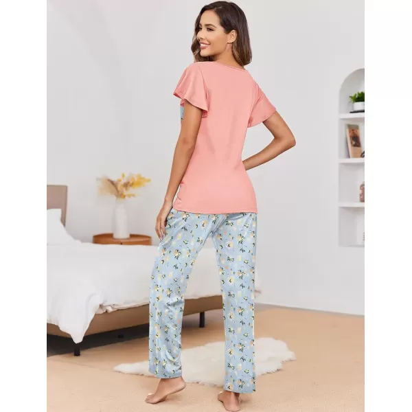 Ekouaer 2 Pack Womens Pajama Sets Short Sleeve with Long Pajama Pant Set Soft Sleepwear Printed Pj Lounge Set with PocketsLight Blue Floralpink Fruit