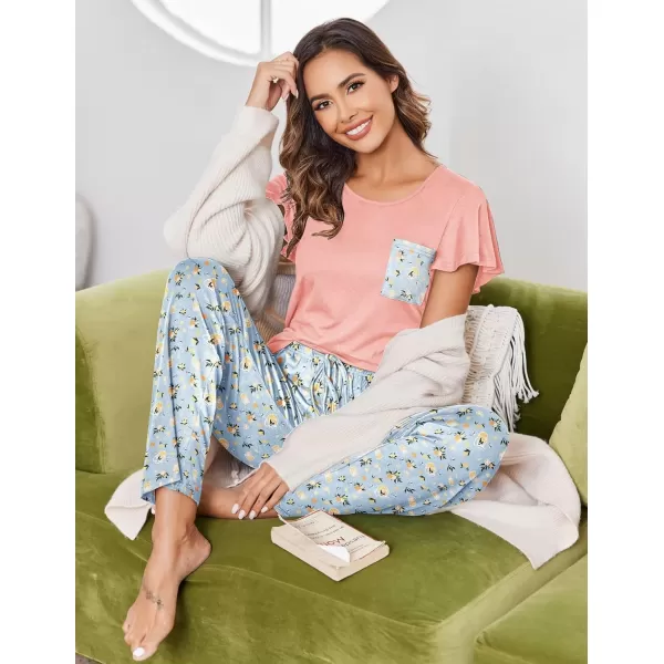 Ekouaer 2 Pack Womens Pajama Sets Short Sleeve with Long Pajama Pant Set Soft Sleepwear Printed Pj Lounge Set with PocketsLight Blue Floralpink Fruit