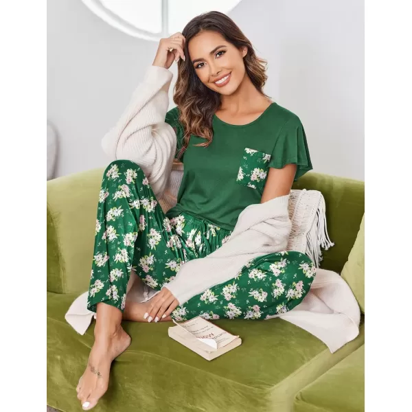 Ekouaer 2 Pack Womens Pajama Sets Short Sleeve with Long Pajama Pant Set Soft Sleepwear Printed Pj Lounge Set with PocketsLotus Color Floralgreen Floral