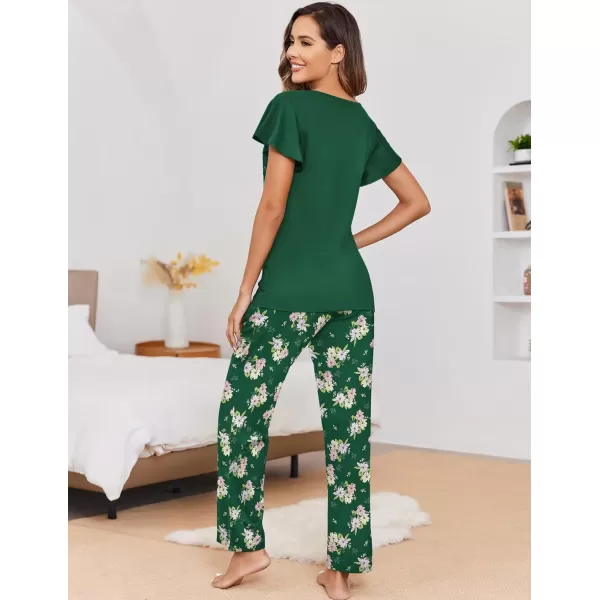 Ekouaer 2 Pack Womens Pajama Sets Short Sleeve with Long Pajama Pant Set Soft Sleepwear Printed Pj Lounge Set with PocketsLotus Color Floralgreen Floral