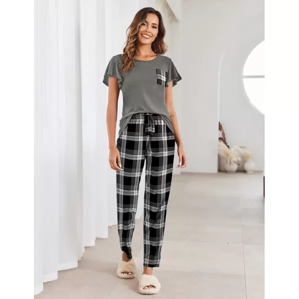 Ekouaer 2 Pack Womens Pajama Sets Short Sleeve with Long Pajama Pant Set Soft Sleepwear Printed Pj Lounge Set with PocketsRed Plaidblack Plaid