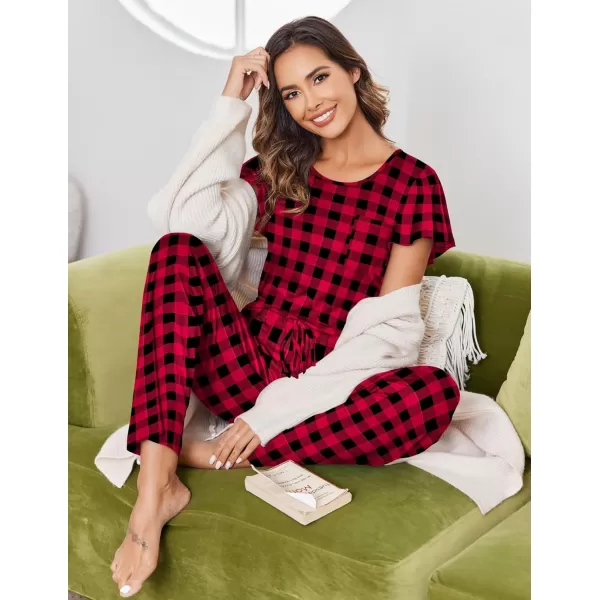 Ekouaer 2 Pack Womens Pajama Sets Short Sleeve with Long Pajama Pant Set Soft Sleepwear Printed Pj Lounge Set with PocketsRed Plaidblack Plaid