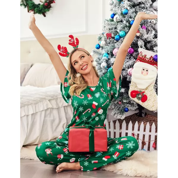 Ekouaer 2 Pack Womens Pajama Sets Short Sleeve with Long Pajama Pant Set Soft Sleepwear Printed Pj Lounge Set with PocketsRed Snowflakegreen Santa Claus