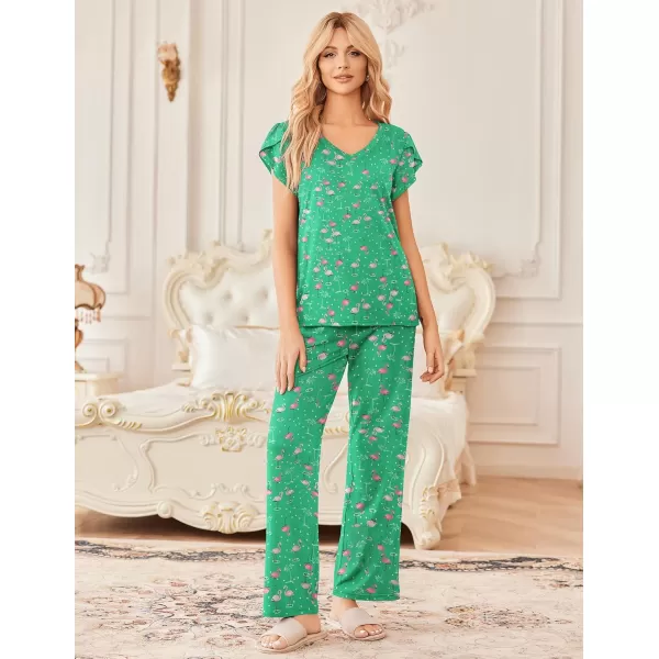 Ekouaer 2 Pack Womens Pajamas Short Sleeve Sleepwear Top with Pants SuperSoft Printed Lounge Sets SXXLBlue AlphabetGreen Flamingo