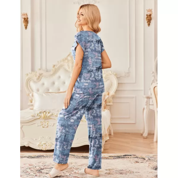 Ekouaer 2 Pack Womens Pajamas Short Sleeve Sleepwear Top with Pants SuperSoft Printed Lounge Sets SXXLBlue AlphabetGreen Flamingo