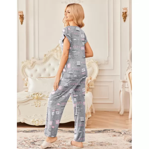 Ekouaer 2 Pack Womens Pajamas Short Sleeve Sleepwear Top with Pants SuperSoft Printed Lounge Sets SXXLCoffee GrayStar Blue