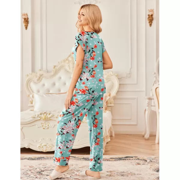 Ekouaer 2 Pack Womens Pajamas Short Sleeve Sleepwear Top with Pants SuperSoft Printed Lounge Sets SXXLGreen FlowerBlack Flower