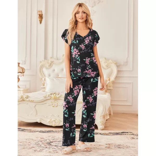 Ekouaer 2 Pack Womens Pajamas Short Sleeve Sleepwear Top with Pants SuperSoft Printed Lounge Sets SXXLGreen FlowerBlack Flower