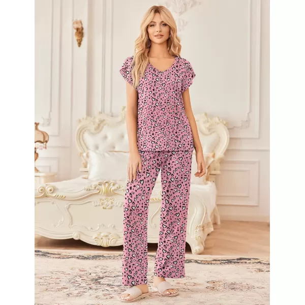 Ekouaer 2 Pack Womens Pajamas Short Sleeve Sleepwear Top with Pants SuperSoft Printed Lounge Sets SXXLPinkPink Leopard