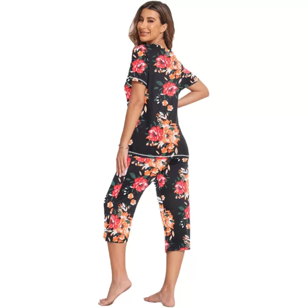 Ekouaer 2 Pack Womens Sleepwear Capri Pajama Sets Short Sleeve TwoPiece Pjs V Neck Tops  Capri Pants with Pockets S3XLBlack Flowerblack