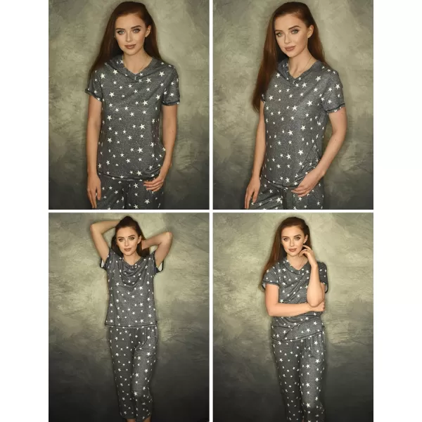 Ekouaer 2 Pack Womens Sleepwear Capri Pajama Sets Short Sleeve TwoPiece Pjs V Neck Tops  Capri Pants with Pockets S3XLGrey Starleopard