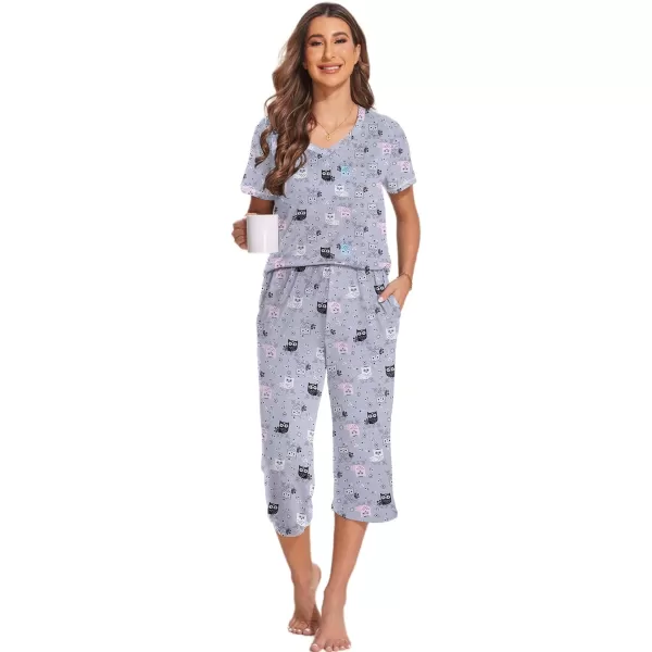 Ekouaer 2 Pack Womens Sleepwear Capri Pajama Sets Short Sleeve TwoPiece Pjs V Neck Tops  Capri Pants with Pockets S3XLOwlsenjoy Night