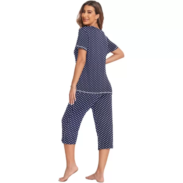 Ekouaer 2 Pack Womens Sleepwear Capri Pajama Sets Short Sleeve TwoPiece Pjs V Neck Tops  Capri Pants with Pockets S3XLRed Stripeblue Polka Dot