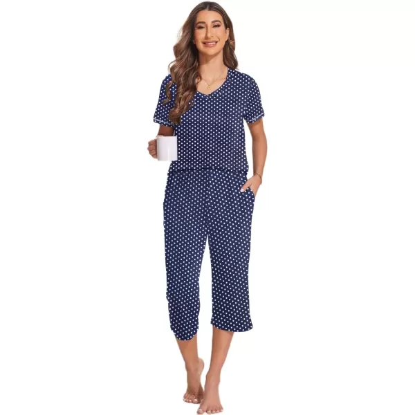 Ekouaer 2 Pack Womens Sleepwear Capri Pajama Sets Short Sleeve TwoPiece Pjs V Neck Tops  Capri Pants with Pockets S3XLRed Stripeblue Polka Dot