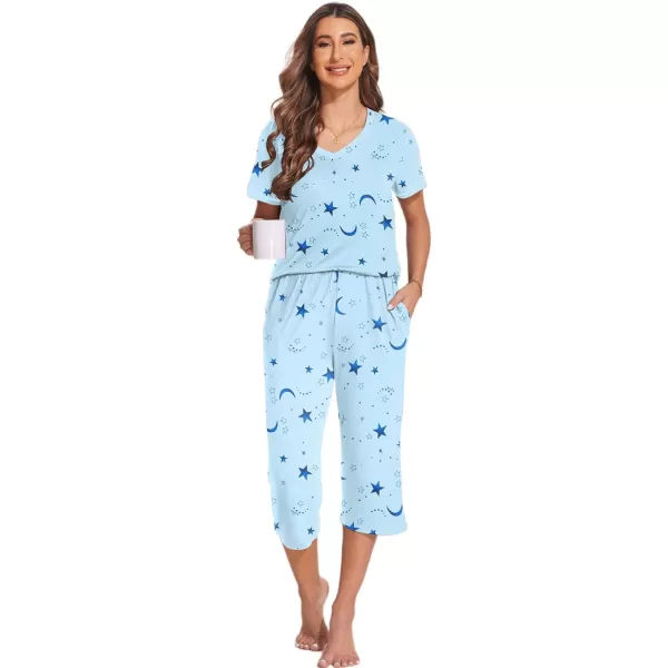 Ekouaer 2 Pack Womens Sleepwear Capri Pajama Sets Short Sleeve TwoPiece Pjs V Neck Tops  Capri Pants with Pockets S3XLStarcoffee