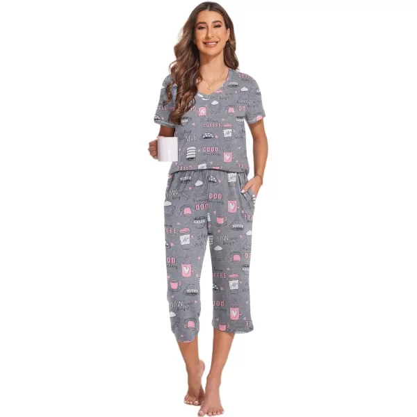 Ekouaer 2 Pack Womens Sleepwear Capri Pajama Sets Short Sleeve TwoPiece Pjs V Neck Tops  Capri Pants with Pockets S3XLStarcoffee