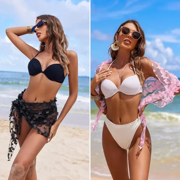 Ekouaer 2 Pcs Sarong Coverups for Women Beach Wrap Skirt Chiffon Swimsuit Coverup for Swimwear SXXLButterflyblackamppink