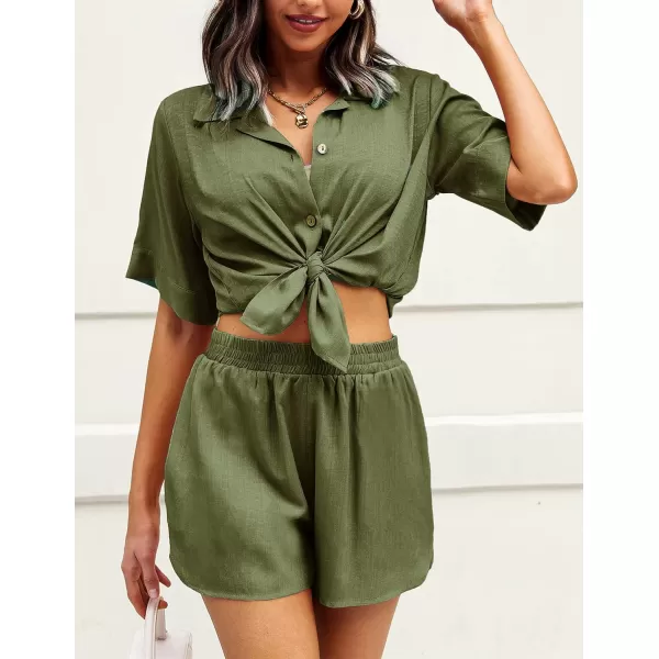 Ekouaer 2 Piece Linen Lounge Sets for Women Button Down Loungewear Tops and Shorts Pajama Set with PocketsArmy Green