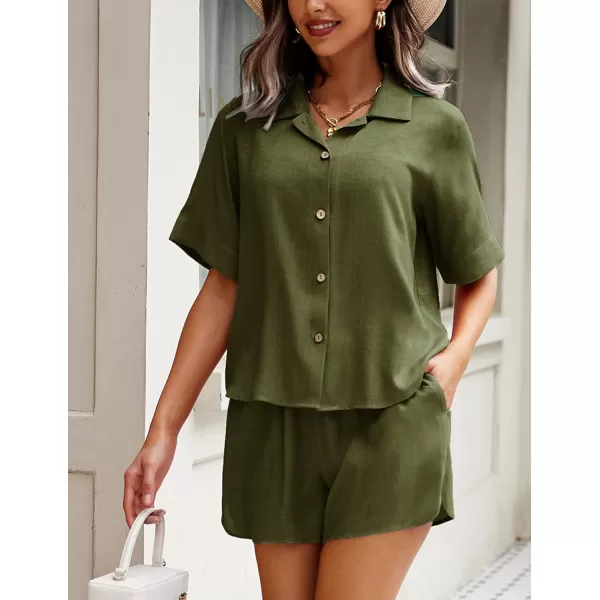 Ekouaer 2 Piece Linen Lounge Sets for Women Button Down Loungewear Tops and Shorts Pajama Set with PocketsArmy Green