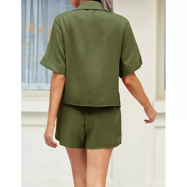 Ekouaer 2 Piece Linen Lounge Sets for Women Button Down Loungewear Tops and Shorts Pajama Set with PocketsArmy Green