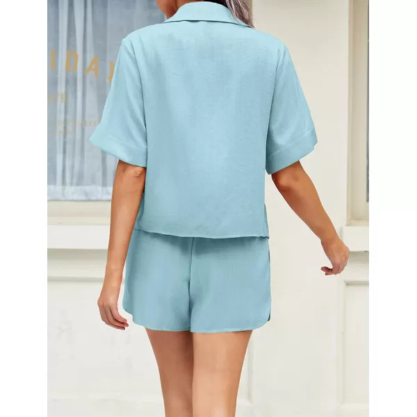 Ekouaer 2 Piece Linen Lounge Sets for Women Button Down Loungewear Tops and Shorts Pajama Set with PocketsLight Blue