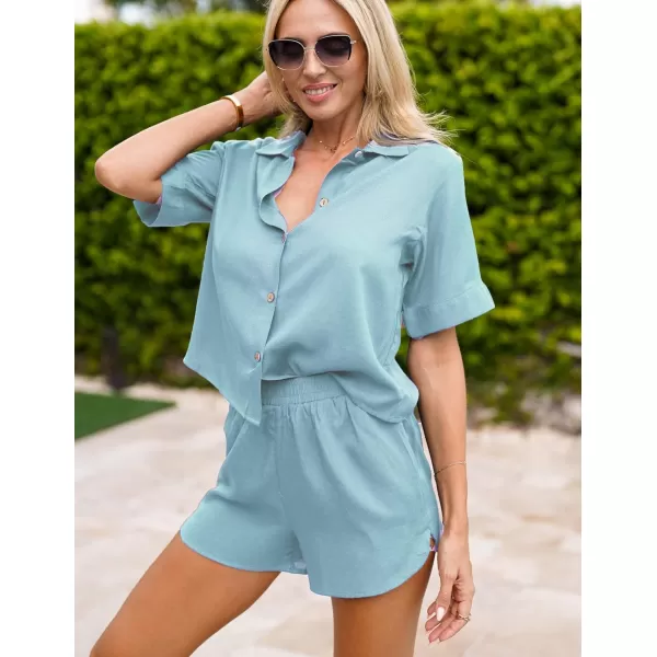 Ekouaer 2 Piece Linen Lounge Sets for Women Button Down Loungewear Tops and Shorts Pajama Set with PocketsLight Blue