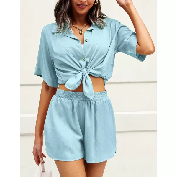 Ekouaer 2 Piece Linen Lounge Sets for Women Button Down Loungewear Tops and Shorts Pajama Set with PocketsLight Blue