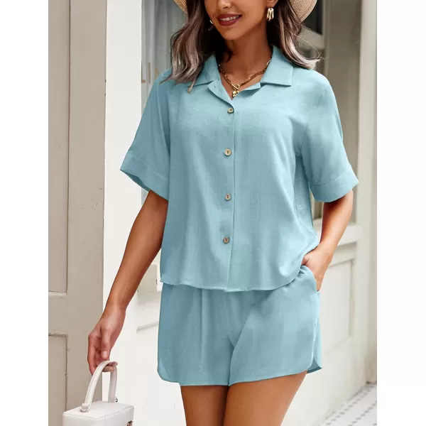 Ekouaer 2 Piece Linen Lounge Sets for Women Button Down Loungewear Tops and Shorts Pajama Set with PocketsLight Blue