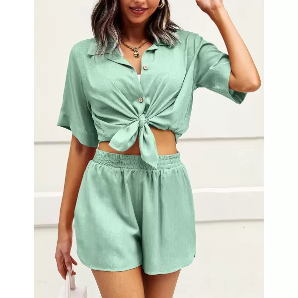 Ekouaer 2 Piece Linen Lounge Sets for Women Button Down Loungewear Tops and Shorts Pajama Set with PocketsLight Green