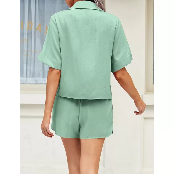 Ekouaer 2 Piece Linen Lounge Sets for Women Button Down Loungewear Tops and Shorts Pajama Set with PocketsLight Green