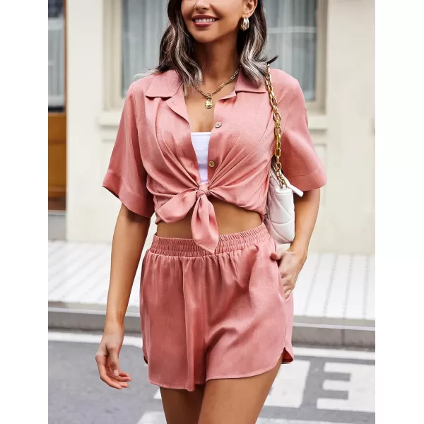 Ekouaer 2 Piece Linen Lounge Sets for Women Button Down Loungewear Tops and Shorts Pajama Set with PocketsOrange Pink