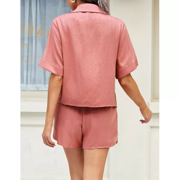 Ekouaer 2 Piece Linen Lounge Sets for Women Button Down Loungewear Tops and Shorts Pajama Set with PocketsOrange Pink