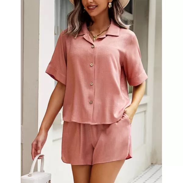 Ekouaer 2 Piece Linen Lounge Sets for Women Button Down Loungewear Tops and Shorts Pajama Set with PocketsOrange Pink