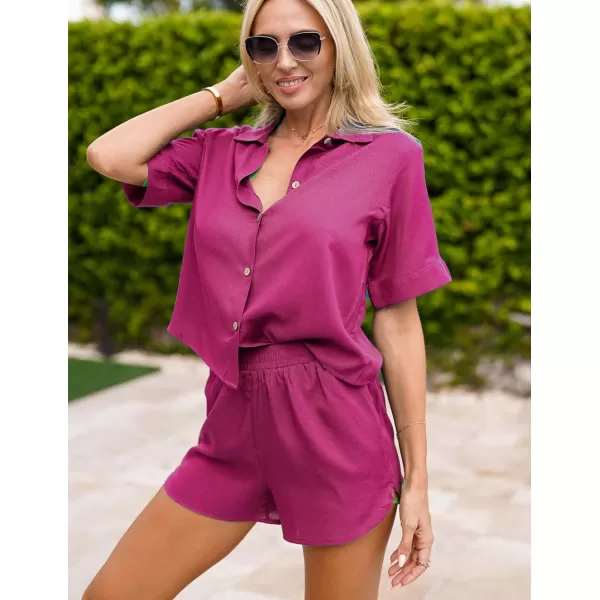 Ekouaer 2 Piece Linen Lounge Sets for Women Button Down Loungewear Tops and Shorts Pajama Set with PocketsRose Red