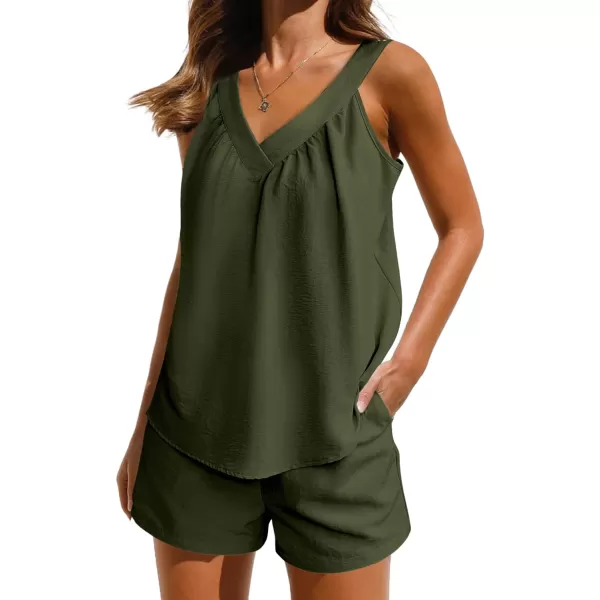 Ekouaer 2 Piece Lounge Sets for Women Soft Pajama V Neck Cami Pj Shorts Set with Pockets Cute Sleepwear Summer OutfitsArmy Green