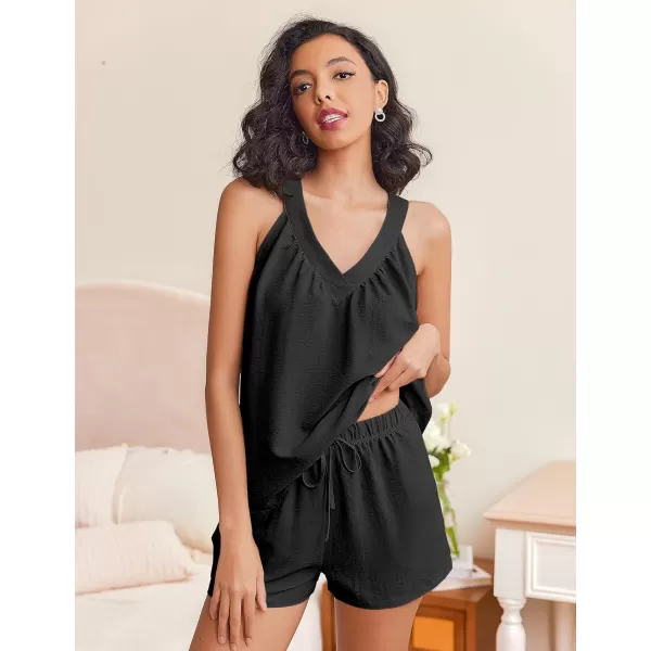 Ekouaer 2 Piece Lounge Sets for Women Soft Pajama V Neck Cami Pj Shorts Set with Pockets Cute Sleepwear Summer OutfitsBlack