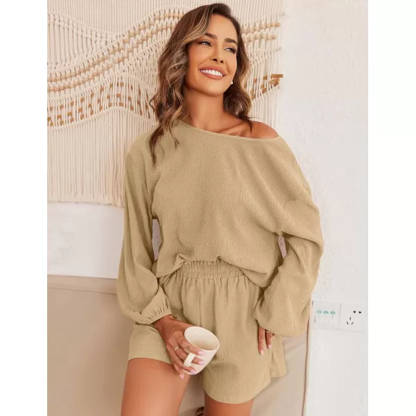 Ekouaer 2 Piece Outfits Womens Off Shoulder Pajama Set Oversized Long Sleeve Tracksuit Beach Cover Up Shorts SetApricot