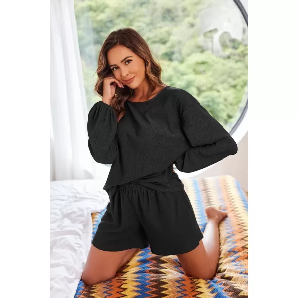 Ekouaer 2 Piece Outfits Womens Off Shoulder Pajama Set Oversized Long Sleeve Tracksuit Beach Cover Up Shorts SetBlack