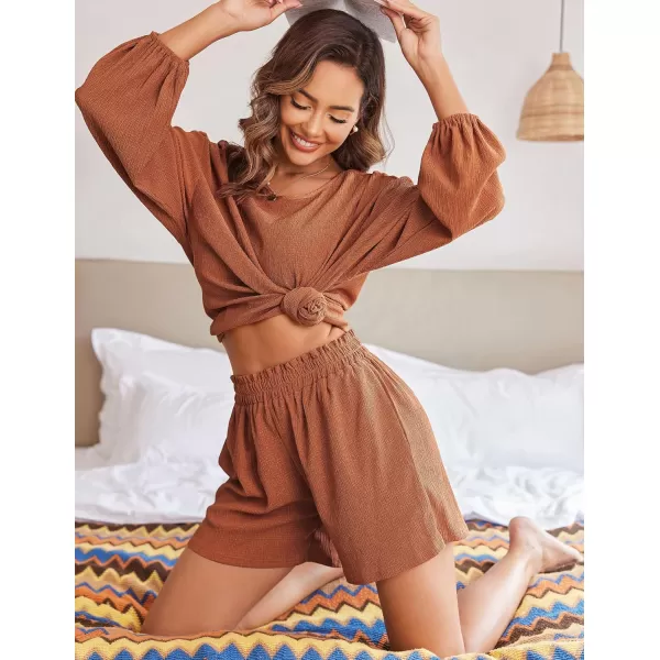 Ekouaer 2 Piece Outfits Womens Off Shoulder Pajama Set Oversized Long Sleeve Tracksuit Beach Cover Up Shorts SetCaramel Colour