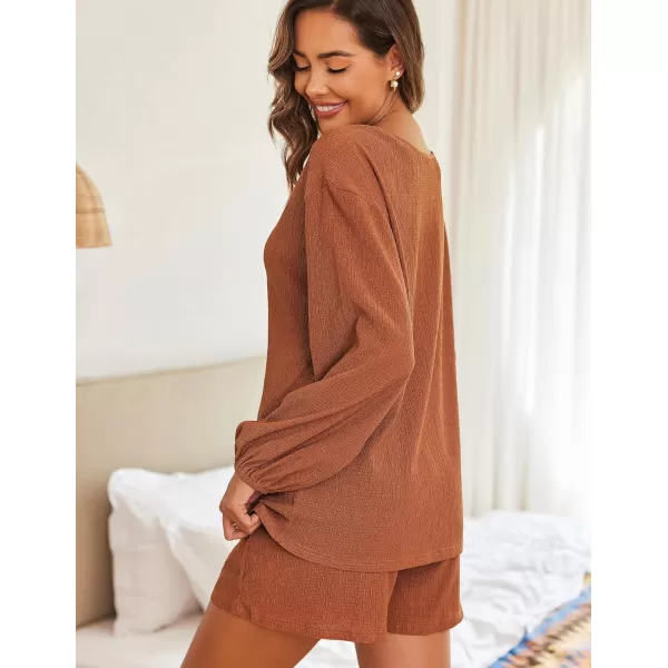 Ekouaer 2 Piece Outfits Womens Off Shoulder Pajama Set Oversized Long Sleeve Tracksuit Beach Cover Up Shorts SetCaramel Colour