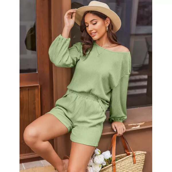 Ekouaer 2 Piece Outfits Womens Off Shoulder Pajama Set Oversized Long Sleeve Tracksuit Beach Cover Up Shorts SetLight Green