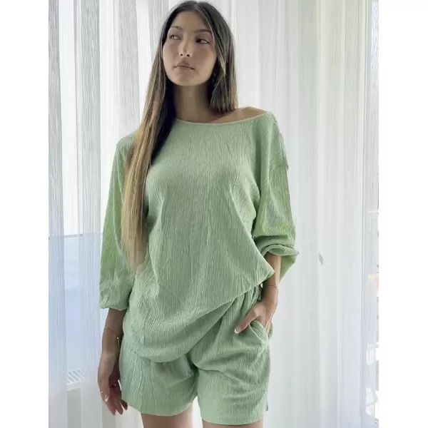 Ekouaer 2 Piece Outfits Womens Off Shoulder Pajama Set Oversized Long Sleeve Tracksuit Beach Cover Up Shorts SetLight Green