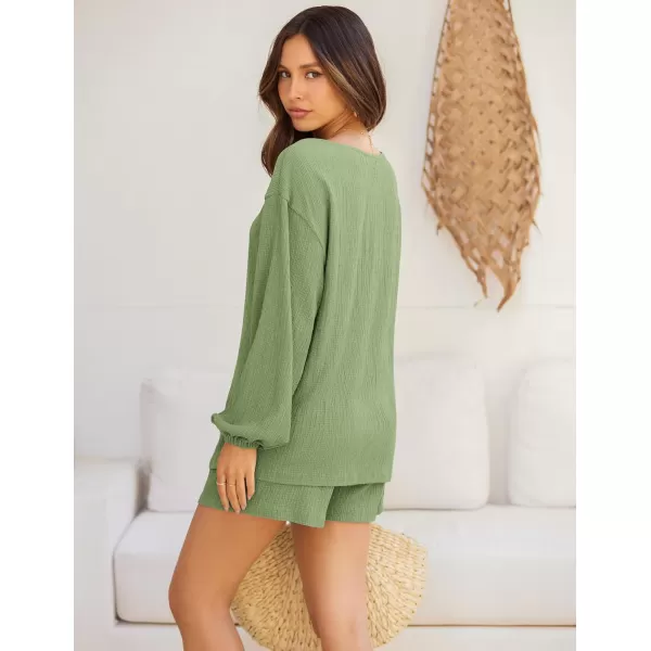 Ekouaer 2 Piece Outfits Womens Off Shoulder Pajama Set Oversized Long Sleeve Tracksuit Beach Cover Up Shorts SetLight Green