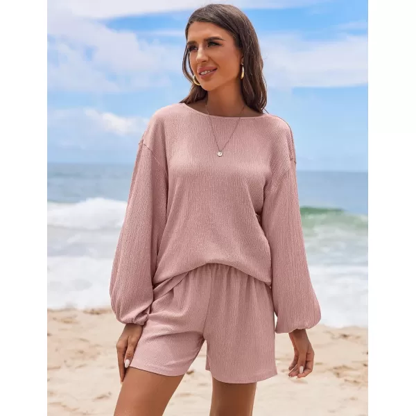 Ekouaer 2 Piece Outfits Womens Off Shoulder Pajama Set Oversized Long Sleeve Tracksuit Beach Cover Up Shorts SetPink