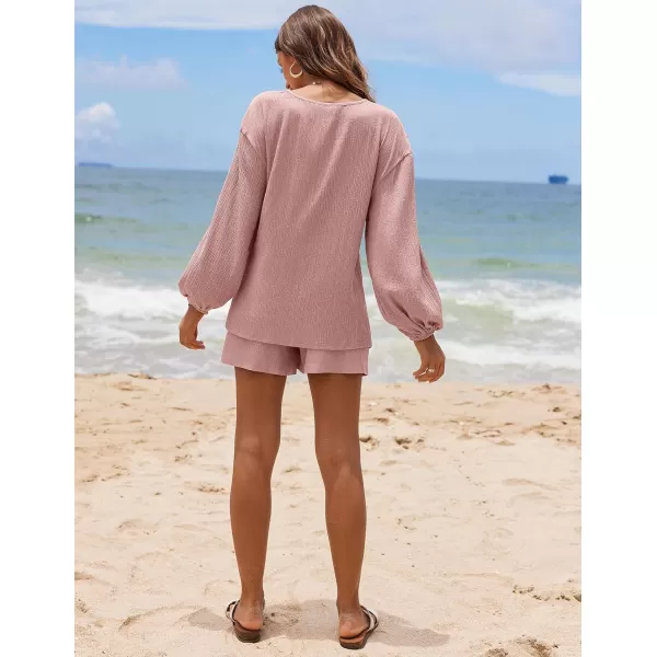 Ekouaer 2 Piece Outfits Womens Off Shoulder Pajama Set Oversized Long Sleeve Tracksuit Beach Cover Up Shorts SetPink