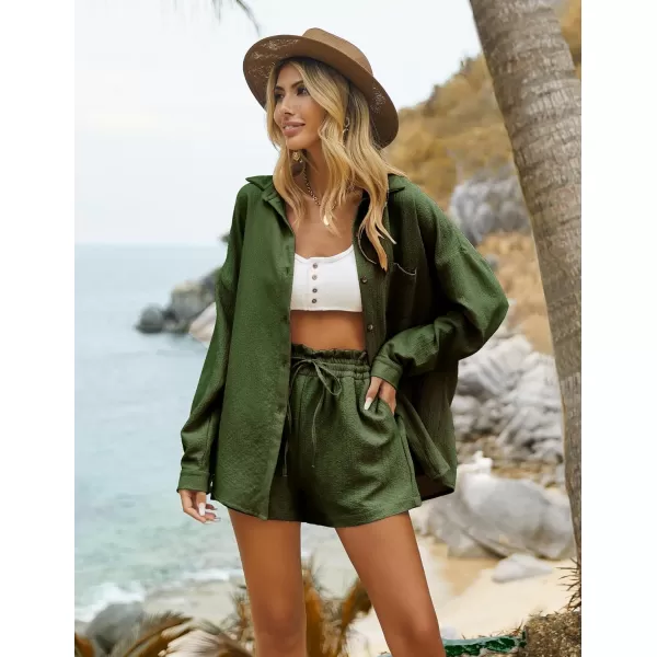 Ekouaer 2 Piece Outfits for Women Fall Lounge Set Long Sleeve Button Down Shirt and Casual Shorts with Pockets TracksuitArmy Green