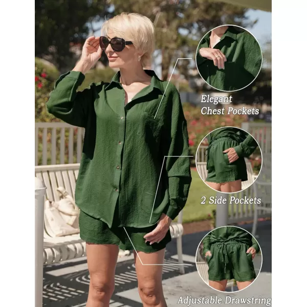 Ekouaer 2 Piece Outfits for Women Fall Lounge Set Long Sleeve Button Down Shirt and Casual Shorts with Pockets TracksuitArmy Green