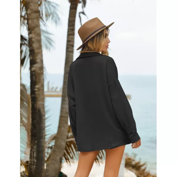 Ekouaer 2 Piece Outfits for Women Fall Lounge Set Long Sleeve Button Down Shirt and Casual Shorts with Pockets TracksuitBlack